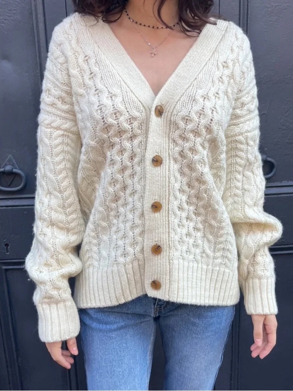 Brandy Melville Wool Cable Knit Cardigan Sweater Cream O/S 90% Wool